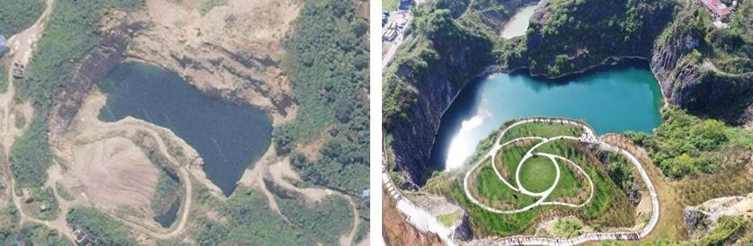 铜锣山矿区生态修复前（左）后（右）对比（资料图）。受访单位供图